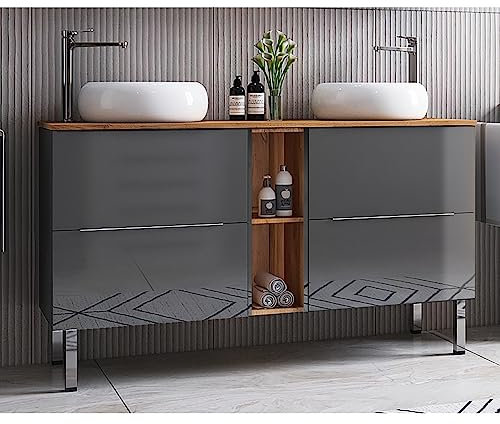 Lomadox Doppelwaschtisch, stehend, mit 2 Aufsatzbecken, Hochglanz grau mit Wotan Eiche Nb., B/H/T ca. 141/100/46,1 cm