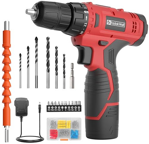 FADAKWALT Trapano avvitatore a batteria da 12 V, set di avvitatore a batteria, mandrino a sgancio rapido da 3/8, cacciavite elettrico rosa, 21 + 1 regolazione della coppia, trapano combinato con