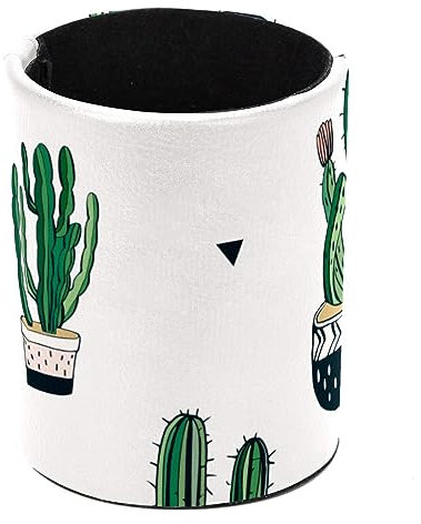 Portapenne in pelle per scrivania, organizer rotondo da scrivania, porta penna stilografica, per ufficio, scuola, casa (9,9 x 7,9 cm), cactus verde