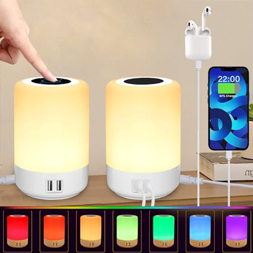 Taipow Nachttischlampe Touch Dimmbar mit 4 USB-A-Ladeanschlüssen, 8 Farben/10 Helligkeitsstufen, LED Tischlampe Nachtlicht Lampe Farbwechsel mit Ladefunktion Schlafzimmer Wohnzimmer -2er set