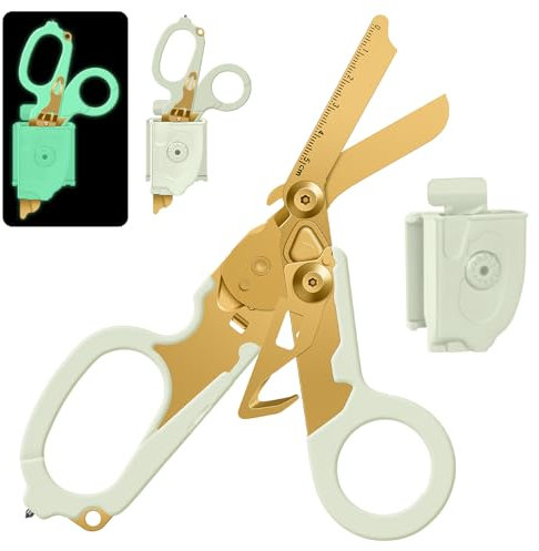 Ciseaux de traumatologie Ciseaux d'urgence avec coupe-sangle et brise-verre Pinces à ciseaux pliables en acier inoxydable, outils de sauvetage pour camping en plein air…