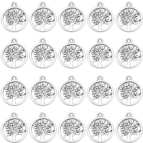 SUNNYCLUE 1 scatola 100 pezzi Ciondolo In Argento Albero Della Vita Ciondolo Piccolo Albero Sfuso Pendenti In Lega Stile Tibetano Pianta Rotonda In Metallo Portafortuna per Creazione di Gioielli Forni