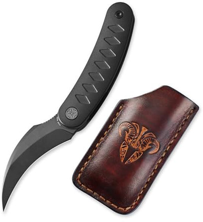 Cavol Kage Klappmesser mit Lederscheide,64mm M390 PVD Klinge Pikal Messer Taschenmesser,Titanlegierung Griff Folding Knife,Outdoor EDC Pocket Knife(schwarz&Lederscheide)