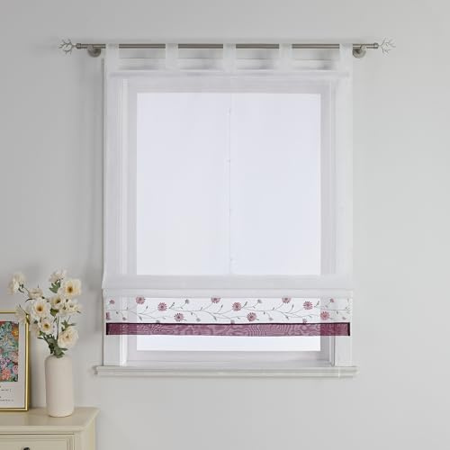 Joyswahl Voile Raffrollo mit Schlaufen Raffgardinen Wohnzimmer Fenster Vorhänge Landhaus Bändchenrollo Transparent Rollo Bestickt BxH 120x150cm Violett 1 Stück