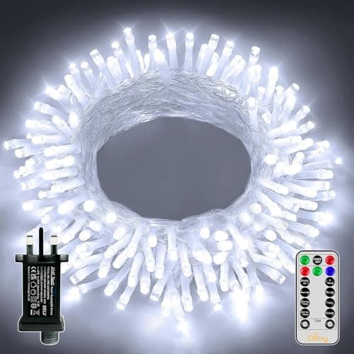 Ollny 10m 100 LED Fairy Lights Mains Powered, Outdoor Waterproof String Light with Remote/Plug/Modes/Timer, Bright Cool White Lighting Outside Indoor Garden Tree Party Wedding Decorations