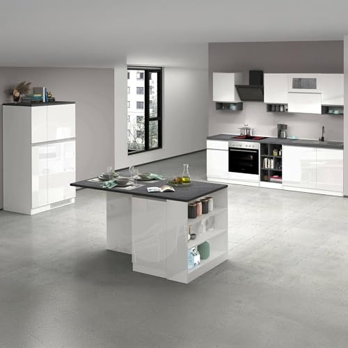 Dmora - Vollständige Küche Bastien, Set mit Speisekammer, Küchenzeile Schrank, Blockbausatz mit Insel und Kühlschrankträger, 100% Made in Italy, glänzendes Weiß und Schiefer