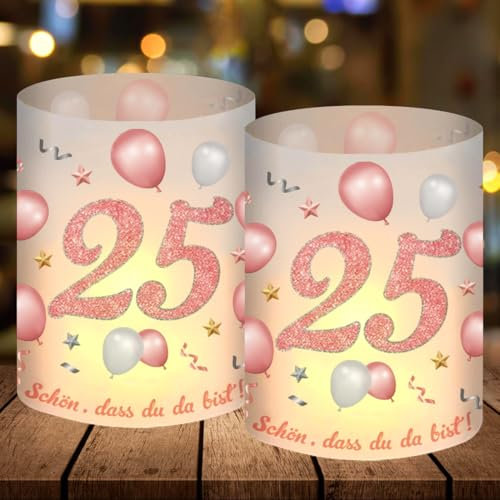 12 Windlicht Tischdeko 25 Geburtstag, Party Deko 25 Geburtstag Mädchen, Rosegold 25 Geburtstag Deko, Schön DASS Du Da Bist, Geeignet für Teelichter oder Kerzen, Happy Birthday Tischdeko