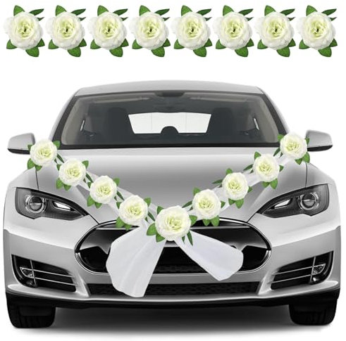 Kweiugfi Autoschmuck Hochzeit,Braut Paar Rose Deko Dekoration,Deko Girlande PKW mit 9 Extrastarken Saugnäpfen Autoschmuck Hochzeit Motorhaube Hochzeit Deko,Weiß
