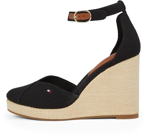Tommy Hilfiger Alpargatas de cuña Mujer Flag Closed Toe con Correa de Tobillo, Negro (Black), 36