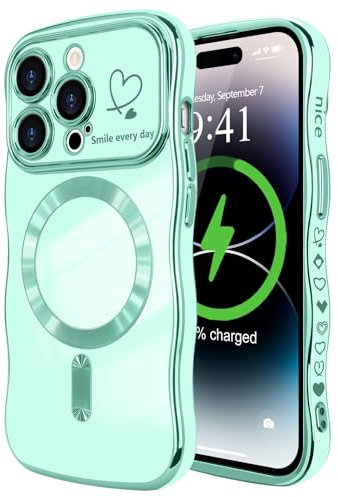 LCHULLE Magnetisch Handyhülle für iPhone 14 Pro Max Hülle [Kompatibel mit Magsafe] Liebesherz Schutzhülle Kameraschutz Wellen Lockige Form Galvanisch Silikon Case für iPhone 14 Pro Max Hellgrün