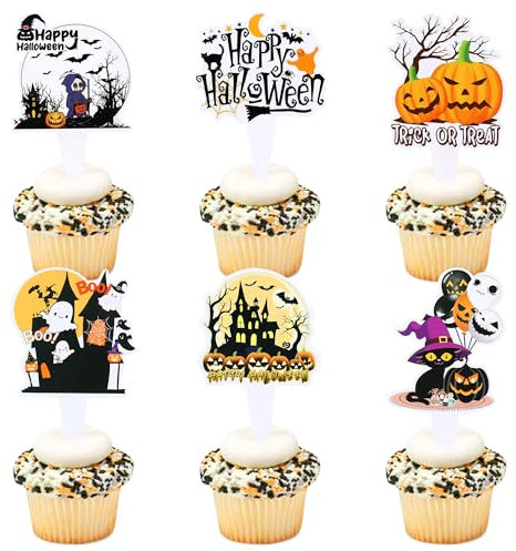 Blumomon 30 Stück Dual Front Halloween Kuchen Dekorationen, Halloween Horror Thema Cupcake Dekorationen, Zauberer, Friedhöfe, Kürbis Kuchen Dekorationen