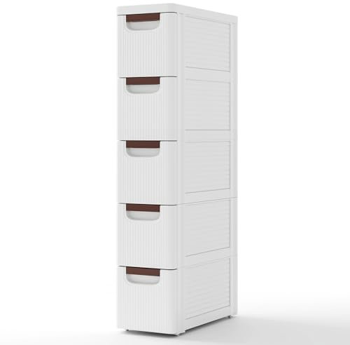 COSTWAY Slim Bathroom Floor Cabinet, Mobile Narrow Bathroom Storage Unit with 3/4/5 Drawers and Wheels, Freestanding Compact Cupboard Organiser for Living Room Bedroom (5-Drawer, White)