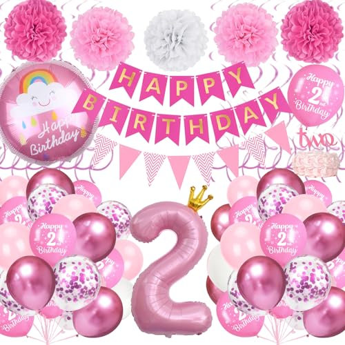 2nd Birthday Decorations for Girls, Pink 2nd Party Decorations Set with Pink Number 2 Foil, Happy Birthday Banner, Paper Pompoms for Girls 2 Years Party Supplies