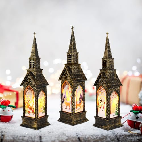 KUWUNG 3 Piezas Linternas de Navidad Vintage Luces de Noche de Vela LED de Navidad Decoraciones Lámparas Colgantes de Velas sin Fuego Luces con Patrones de Árbol Papá Noel Elk Muñeco de Nieve
