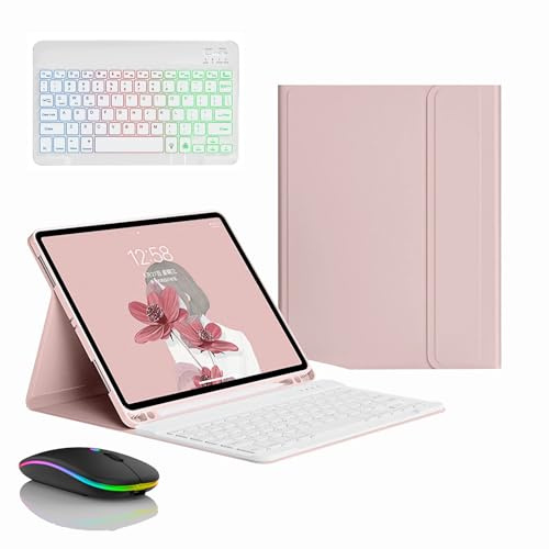 JZCZMCE Tastatur Hülle für Samsung Galaxy Tab S8 Plus/S7 FE/S7 Plus 12.4'', Eingebauter Stifthalter, Magnetische Abnehmbare Kabellose Beleuchtete Tastatur mit Bluetooth-Maus,Rosa