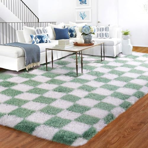 BYBSRLL Kariert Teppiche Wohnzimmer, 180x270cm Salbeigrün und Weiß Schlafzimmer Großer Teppich Deko Jugend Kinderzimmer Weich, Hochflor Flauschig Bettvorleger Waschbar rutschfest