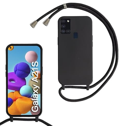 xinyunew Handykette für Samsung Galaxy A21S Hülle mit Band, Handyhülle mit Schnur zum Umhängen, weiche TPU Silikonhülle mit Band [abnehmbar] Halskettenhülle für Samsung Galaxy A21S-Schwarz