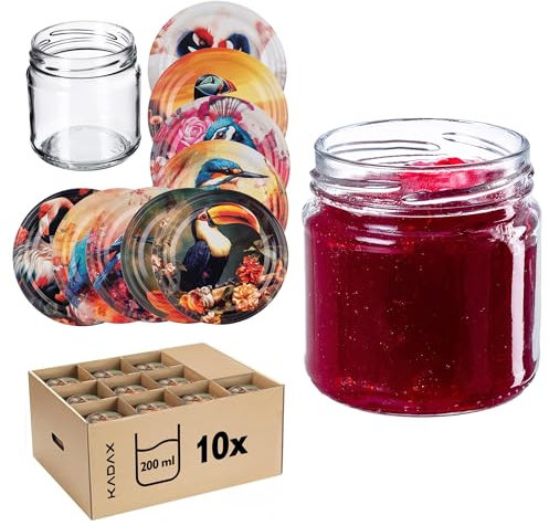 KADAX Lot de 10 petits pots de conserve de 200 ml, fi66 mm, mini pots à miel et épices, bocaux hermétiques, bocaux à conserve, bocaux, pots ronds (oiseaux colorés)