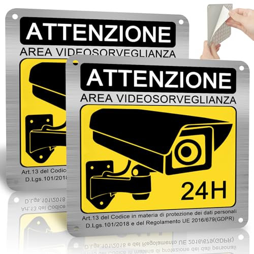 ROUMIO® 2 pezzi di cartello area videosorveglianza in alluminio - 15x15cm cartello proprietà privata - Con carta autoadesiva e fori riservati - Modelli accattivanti - Robusti e durevoli