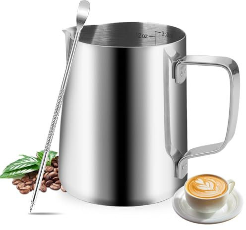 Milk Frothing Jug 350ml (12oz) 304 Stainless Steel Milk Frothing Pitcher, Milk Pitcher Cup Barista Milk Jug and Latte Decorating Art Pen, Barista Accessories for Making Latte Cappuccino Coffee Art