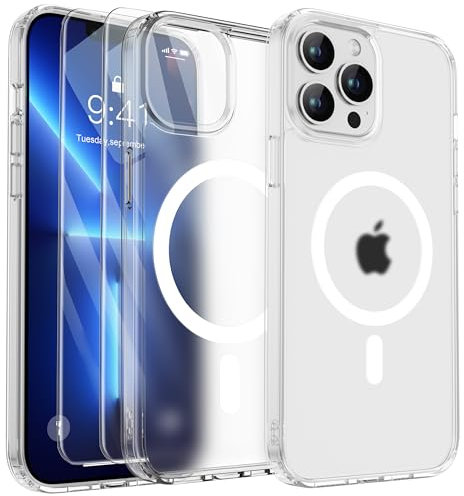 ORETECH Magnetisch Hülle für iPhone 13 Pro Max mit 2 Schutzfolie, Kompatibel mit Mag-Safe, Stoßfest Kratzfest Mattierte Transluzente Handyhülle für iPhone 13 Pro Max Hülle 6,7 Transparent