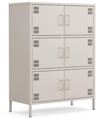 furni24 Metall Sideboard – Küchenschrank mit Türen und verstellbaren Ablagen – Robuste und stilvolle Aufbewahrungslösung für Küche, Wohnzimmer und Esszimmer- mit 6 Türen, Beige