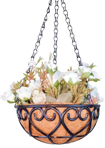 Fioriera sospesa, con catena, fioriera in metallo con cestino per piante, fioriera sospesa con inserto in cocco, supporto per piante rotondo con catena per balcone, giardino, decorazione (cestino