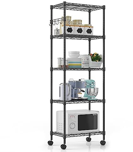 Himimi Regal mit Rollen, Metallregal auf Rollen, Höhenverstellbar Drahtregal, Stehend Lagerregal mit 5 Regalböden, Standregal Rollregal für Küche Badezimmer Speisekammer, 35T x 59B x 183H cm, Schwarz