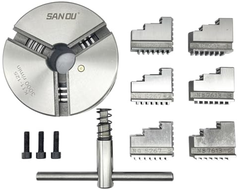 K11-125 selbstzentrierendes Drehfutter mit 3 Backen, 125 mm gehärteter Stahl, mit Doppelbacken-Sets (innen 2,5–40 mm/außen 38–110 mm), 8 x 16 Mini-Drehmaschine, CNC- und Fräsmaschinen (K11–125)