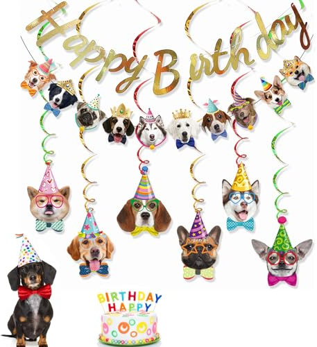 MFCGHXR Decoración Fiesta Perros cumpleaños temática Mascota - 1 Set Pancarta Feliz cumpleaños + espirales Colgantes Estilo Perrito - Multicolor - decoración para Fiestas Infantiles y Mascotas