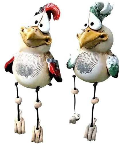 NASSMOSSE 2Pcs Shelf Sitters with Dangling Legs 4x3.5x3in Fun Big Eyes Jittery Legs Chicken Bird Ornament Resin Figurines for Shelves Windowsills Office Living Room Garden