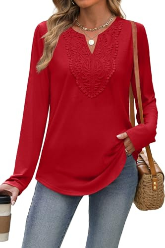 XIEERDUO Womens Long Sleeve Tops Ladies Blouse V Neck Tunic Lace T Shirts Curved Hem Solid Color Comfy Loose Tops Office Wear Red Top Size 22-24 UK