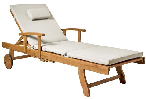 Beliani Garden Sun Lounger Acacia Wood Reclining with Castors Taupe Cushion Java Premium