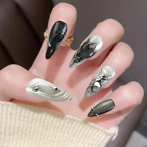 FrostyFlair Press On Nails, 24 Pieces Medium Length Almond Nails to Apply, Silver Sparkling Star in Gothic-Dark Black Style Press On Nails Long