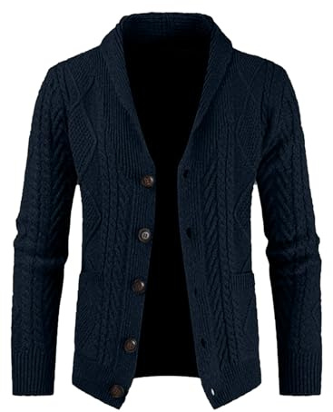 JMIERR Mens Cardigans Knit Sweater Classic Winter Coats Long Sleeve Shawl Collar Buttons Down Cable with Pocket,Blue,Large