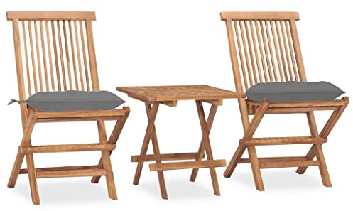 Qnhdfrt Garten Essgruppe Klappbar Teakholz Set 3 teilig mit Grauen Kissen Outdoor Sitzgruppe für Terrasse Balkon und Garten