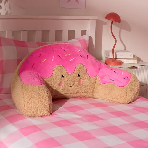 OHS Cuddle Cushion Doughnut, Reading Pillow for Bed Adult Kids Super Soft Teddy Fleece Cosy Gaming Cushion for Girls Boys with Arms Backrest Sit up in Bed Pillow Relaxing Comfy, Brown/Pink