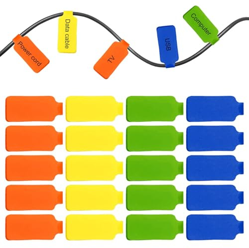 20 Pcs Cable Labels, Multi-Color Cable Labels Write On Self Adhesive Plug-Label Cable-Tags for Cables-Management, Identification, Organization