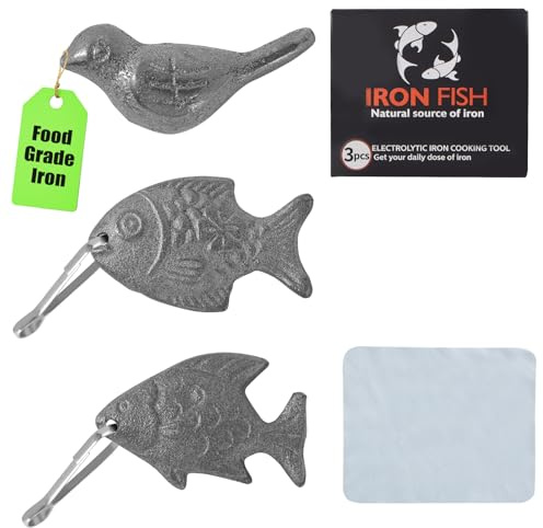 Jekasy 3Pcs Iron Fish with Hooks & Dry Cloth,Natural Iron Deficiency Supplement for Cooking,Reusable Anemia Relief for Vegans,Athletes,Pregnant Women, 5+ Years Use and Health Gift