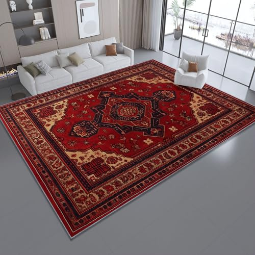 rutschfest Teppich Bedruckter 50 x 80 cm, Teppich Rot Traditioneller Persischer Floral Geometrisch Design, Waschbar Pflegeleicht Teppiche für Wohnzimmer Schlafzimmer Jugendzimmer Büro