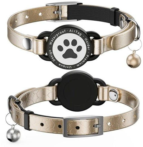 Leder AirTag Katzenhalsband, Wasserdichtes Katzenhalsband mit Apple Air Tag Halter, Metallschnalle Bequemes, Katzen Halsband mit Glocke für Mädchen, Jungen, Katzen