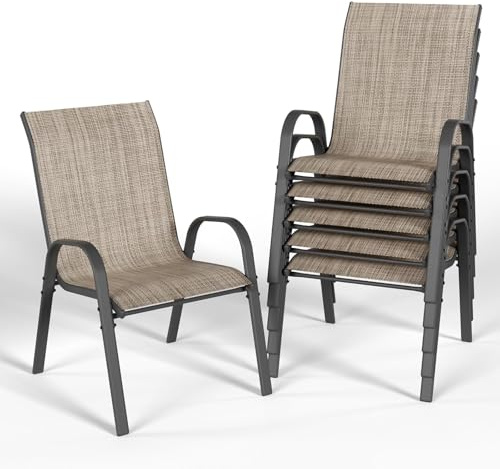 UDPATIO 6er Set Gartenstühle Stapelbare, Stapelstühle aus Textilene,55cm Breiter Hochlehner Gartenstuhl, Atmungsaktive Terrassenstühle für Balkon, Terrasse, Garten, Braun