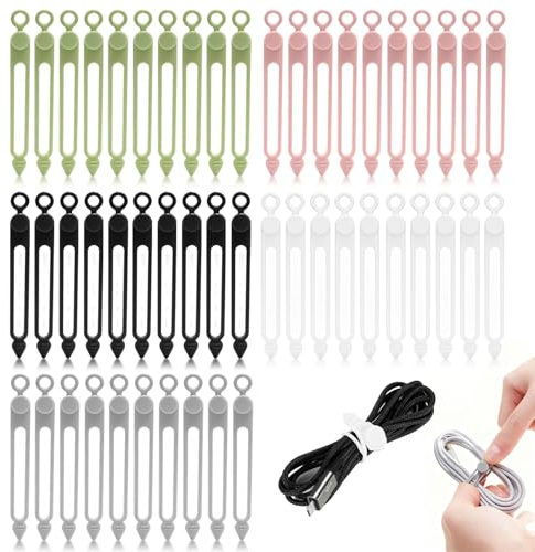 50 Pcs Reusable Silicone Cable Ties Reusable Cable Organiser Clips | Flexible Wire Tidy for Cables Earphone Phone Charger USB Computer Cord Organiser, Home Office Storage Solutions(5 Colors)