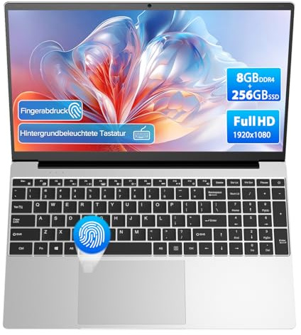 2026 Laptop Computer Notebook QWERTY mit Deutscher Tastaturfolie,15.6 IPS FHD Display,8GB RAM 256GB SSD,Celeron N5100,WiFi5,BT5.0,USB3.0,Beleuchtete Tastatur,Fingerprint für Büro & Studenten,Silber