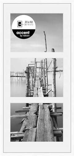 accent by nielsen Objektrahmen mit Passepartout, 23 x 50 cm, Holz (MDF), Weiß, Collage mit 3 Bildern zum Aufhängen im Hoch- & Querformat, Echtglas, Aura