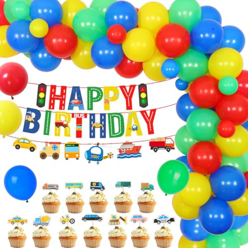 Transport Geburtstagsfeier Dekoration Ballon Garland Arch Kit Fahrzeugbau Geburtstagszubehör Auto Zug Bus Yacht Flugzeug LKW Folie Luftballons Cake Topper Banner für Kinder