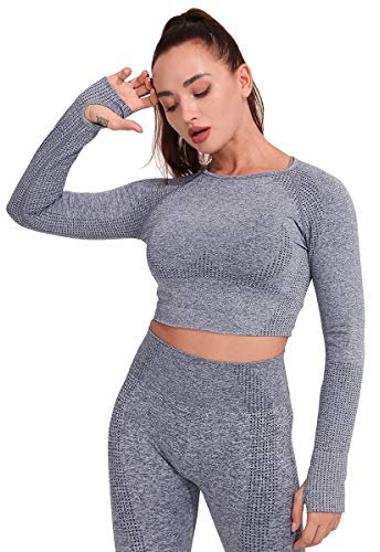 Yaavii Damen Sport Laufshirt Longsleeve T-Shirts Bauchfrei Langarm Crop Top Fitness Oberteile Grau M
