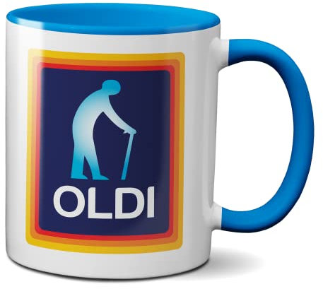 Oldi Man Mug- Birthdays Christmas Funny Gift Presents Father's Day Celebration Novelty Old Coffee Tea Heavy Duty Handle Dino Coated Dishwasher/Microwave Safe Sublimation Ceramic (Blue Handle Prime)