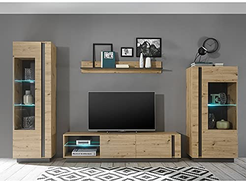 Lomadox TV-Wohnwand modern in Eiche Artisan Nb. mit Absetzungen in Graphit grau, B/H/T: ca. 340/194/40 cm