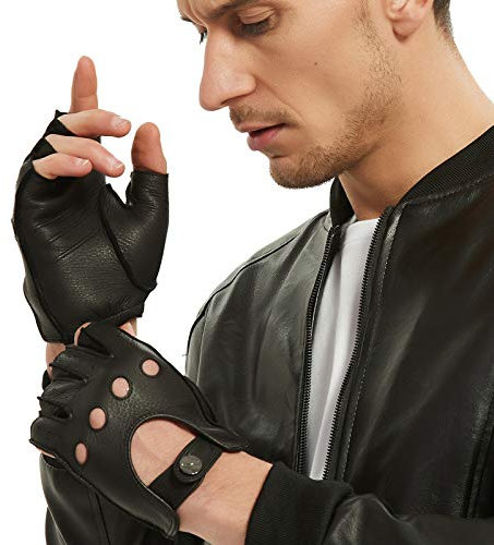 NOVBJECT Herren Fingerlose Lederhandschuhe Hirschleder Halber Finger Ungefüttert Motorrad Outdoor Autohandschuhe (Schwarz,XXL)